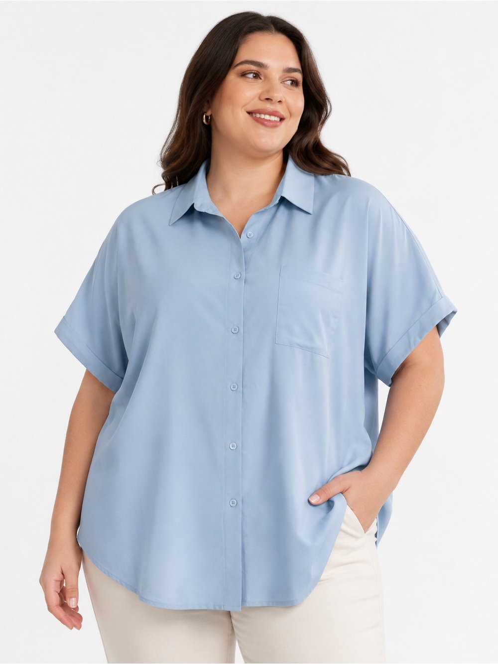 Light Blue Oversized Button Down Blouse 2XL Short Sleeve Coastal Preppy